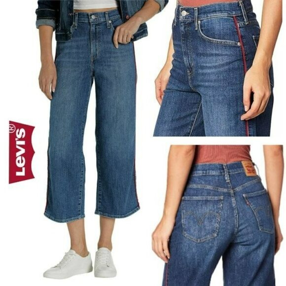 NWT LEVIS Mile High Rise Wide Leg Red Side Pipe Cropped Jeans - Picture 1 of 7